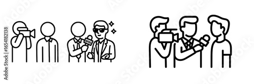 Media professionals conduct interviews with celebrities at a public event in a bustling city setting during the day