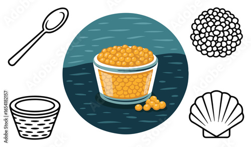 A vector collection of caviar and fish roe icons in solid and outline styles, featuring jars, bowls, spoons, fish, baskets, grinders, and serving dishes. Perfect for seafood restaurants, gourmet food 