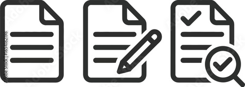 Set of document processing illustration vector — icons for writing, editing, and reviewing with text lines, pencil, checkmark, and magnifying glass