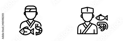 Sushi chef preparing fresh seafood in a traditional kitchen setting with various fish and shrimp showcased