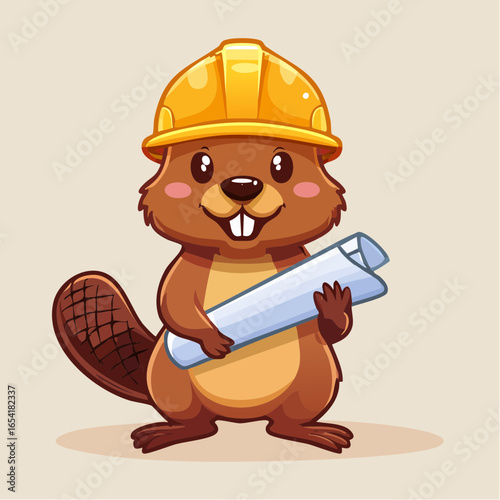 Cheerful cartoon beaver in a yellow hard hat holding a blueprint, a funny animal builder character design for a construction mascot.