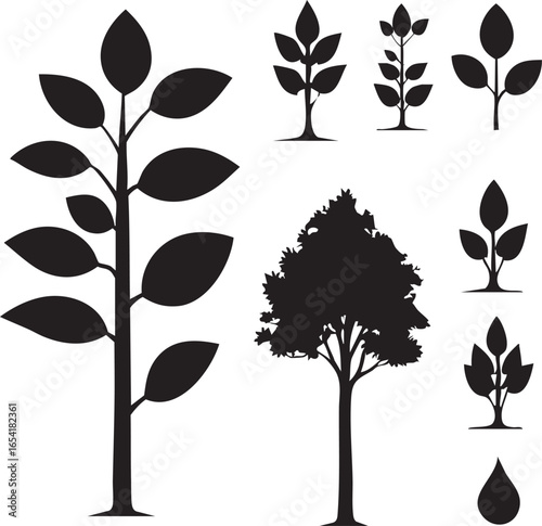 A collection of tree silhouettes, including a small tree and a large tree