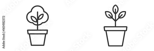 Minimalist line drawings of potted plants with distinct shapes and leaf designs on a clean white background