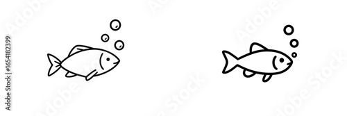 Two simple fish illustrations swimming with bubbles in a minimalist style on a plain background