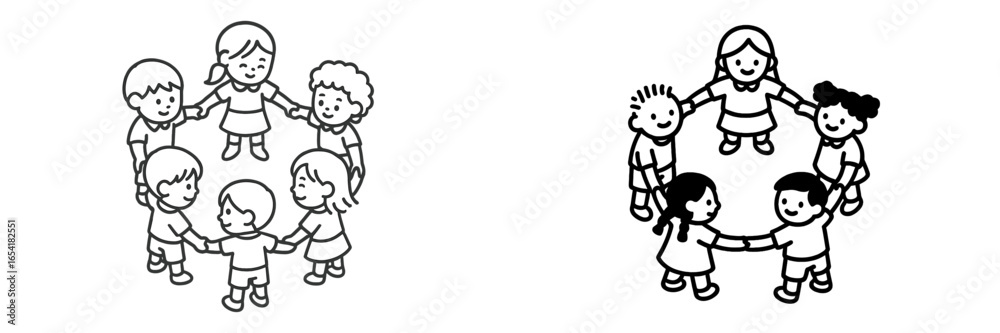 Children playing in a circle holding hands in a joyful activity Children playing in a circle holding hands in a joyful activity