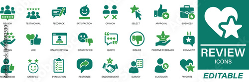 Review Icon Set featuring solid vector icons for feedback, rating, testimonial, comment, like, and customer opinion. Ideal for review platforms, apps, and customer satisfaction tools.