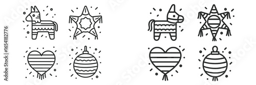 Black and white festive pinatas and ornaments illustration
