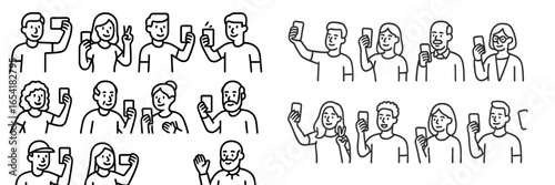 People taking selfies in diverse settings with smartphones