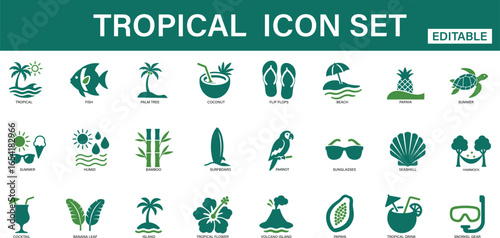 Solid tropical icons featuring beach, island, coconut, palm tree, parrot, fish, cocktail, summer, banana leaf, and more. Perfect for vacation, holiday, and travel designs.