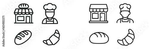 Bakery icons featuring chefs, bread, and pastries in vector style