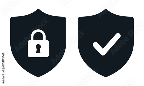 Two dark shields one with a white padlock and the other with a checkmark on a white background vector