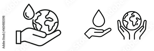 Hands hold a globe and water drop in vector illustration