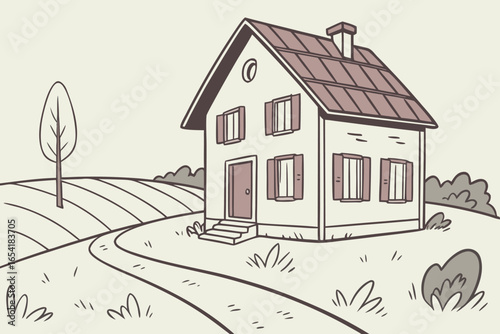 Illustration of a house with a brown roof and shutters in a rural landscape with a winding path and tree