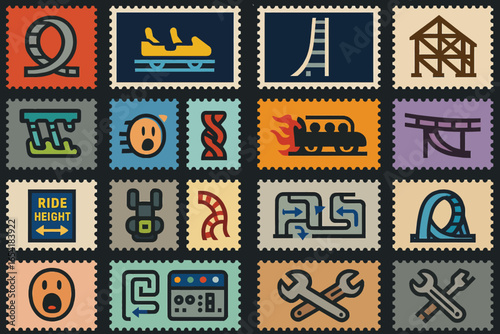 Amusement Park Ride and Roller Coaster Stamp Collection Illustration