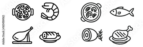 Culinary icons showcasing seafood and meat dishes in vector style