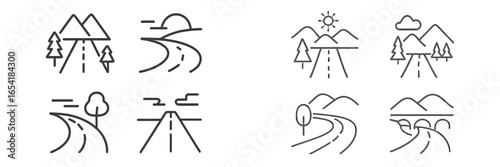 Vector illustration of various road scenes with mountains and trees