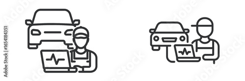 Car mechanic diagnosing vehicle issues using technology in workshop