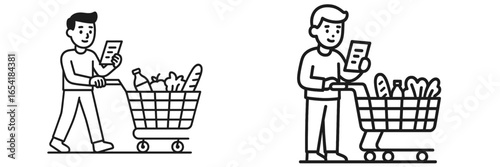 Grocery shopping illustrations with carts and shopping lists