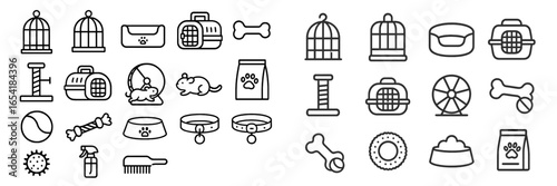 Collection of pet care icons with supplies and accessories