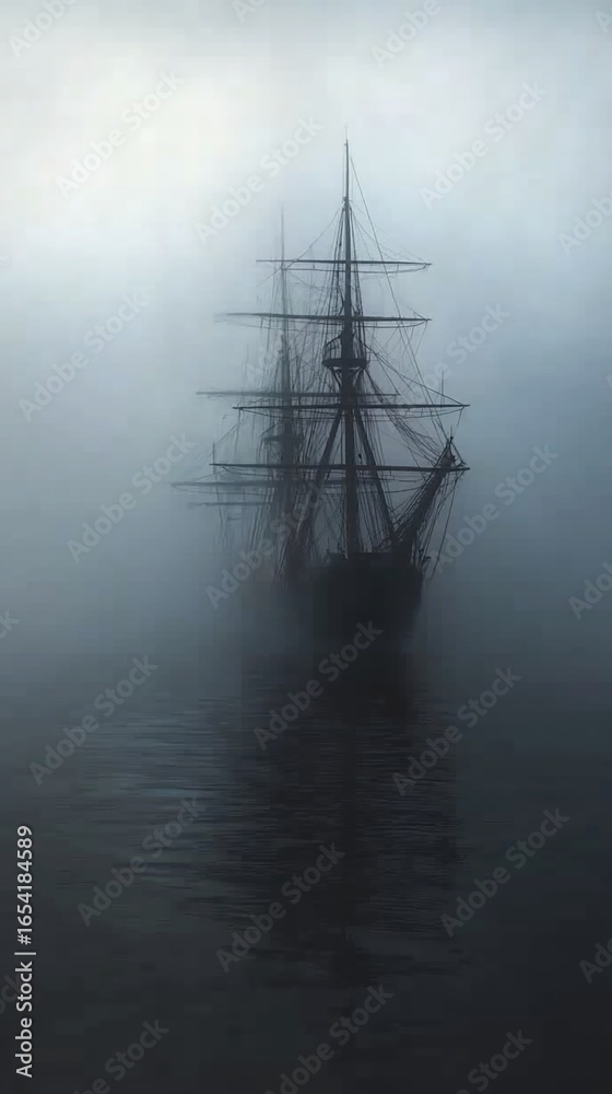 Fototapeta premium Ghostly galleon sailing through a dense fog shrouded seascape scenery