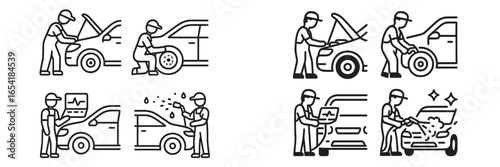 Car maintenance tasks performed by technicians in vector illustration