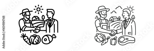 Farmers and business people shake hands over fresh produce