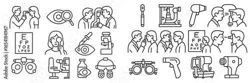 Vector illustration of optometry tools and eye examination activities
