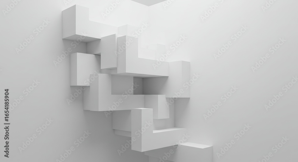 Fototapeta premium Abstract White Geometric Wall Art with 3d Blocks in Modern Interior