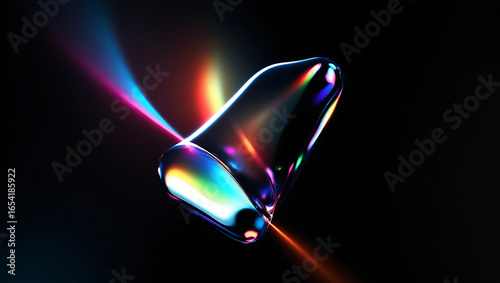 Abstract minimalist 3D render of iridescent glass shape with rainbow prism reflections on dark background. Futuristic crystal design with glowing light refraction and modern digital art.