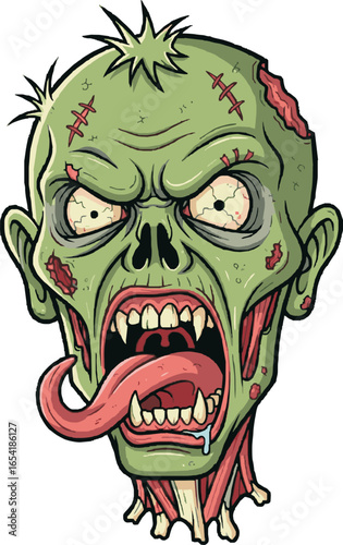 A detailed close-up illustration of a cartoon zombie head.