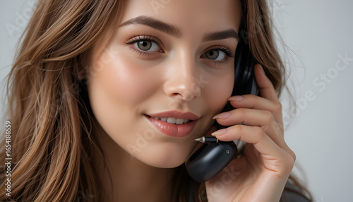 Beautiful woman smiling while talking on phone, radiating confidence and charm, perfect for business