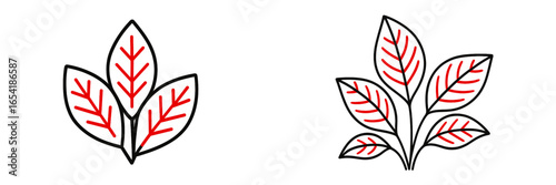 Stylized vector illustration of simple leaves with red veins