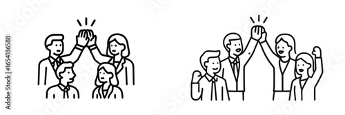 Team celebration with high-fives and joyful expressions in a workplace