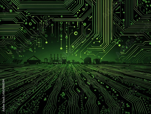 Futuristic farmland depicted through circuit board lines glows a vibrant green hue abstractly.