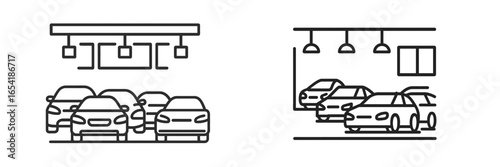 Car workshop interior with vehicles displayed in a clean space
