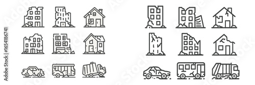 Urban damage vector illustration: buildings and vehicles