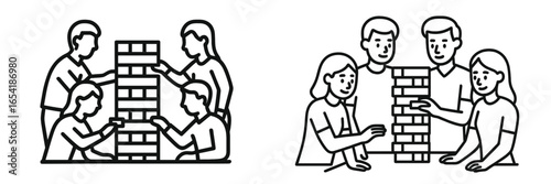 Friends enjoying a fun game night with block tower stacking activity