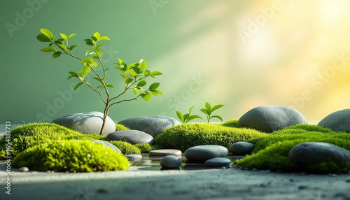 A small tree and rocks are nestled in vibrant green grass, creating a serene natural scene.