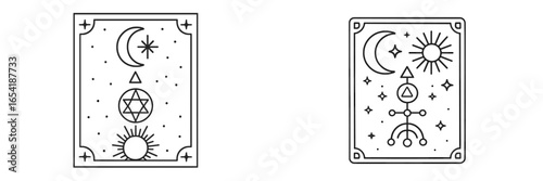 Mystical tarot designs with celestial and geometric shapes