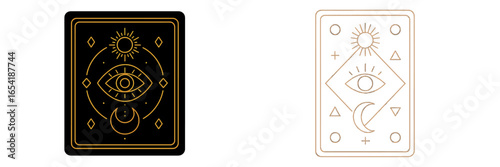 Mystical tarot card design featuring eye, sun, and moon symbols