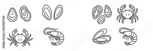 Various seafood illustrations featuring oysters crabs and shrimp
