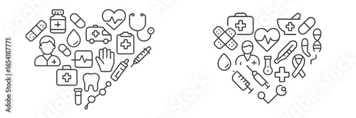 Heart-shaped collection of health-related icons and symbols