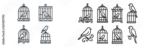 Vector illustration of various birdcages and birds in different poses