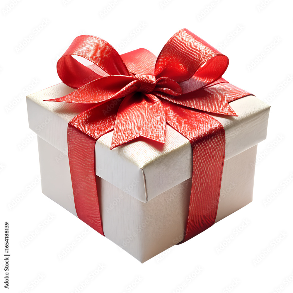 Obraz premium White gift box with red ribbon and bow isolated on transparent background