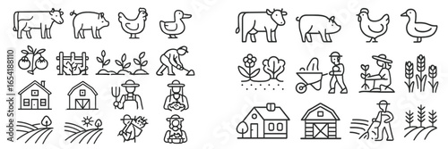 Vector illustrations of farm animals and activities in a rural setting