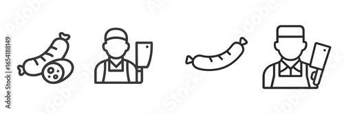 Vector illustration of butchers with different sausages in a shop