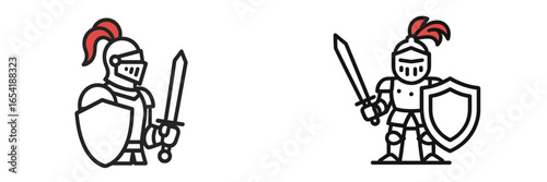 Knights in armor wielding swords and shields in vector illustration