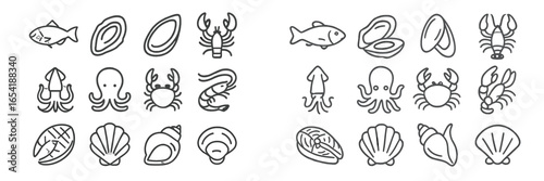 Various seafood icons in a vector illustration for culinary use