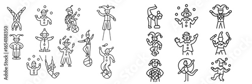 Vector illustration of circus clowns performing various acts