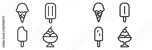 Illustration of various ice cream treats in simple line art style